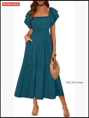 Summer Casual Midi Dress Square Neck Ruffle Short Sleeve Smocked High Waist